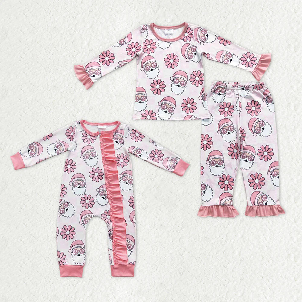 9.18 RTS Sibling Baby Girls Pink Santa Flowers Top Pants Christmas Pajamas Sets Ruffle Zipper Rompers