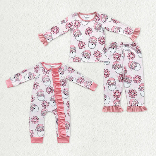 9.18 RTS Sibling Baby Girls Pink Santa Flowers Top Pants Christmas Pajamas Sets Ruffle Zipper Rompers