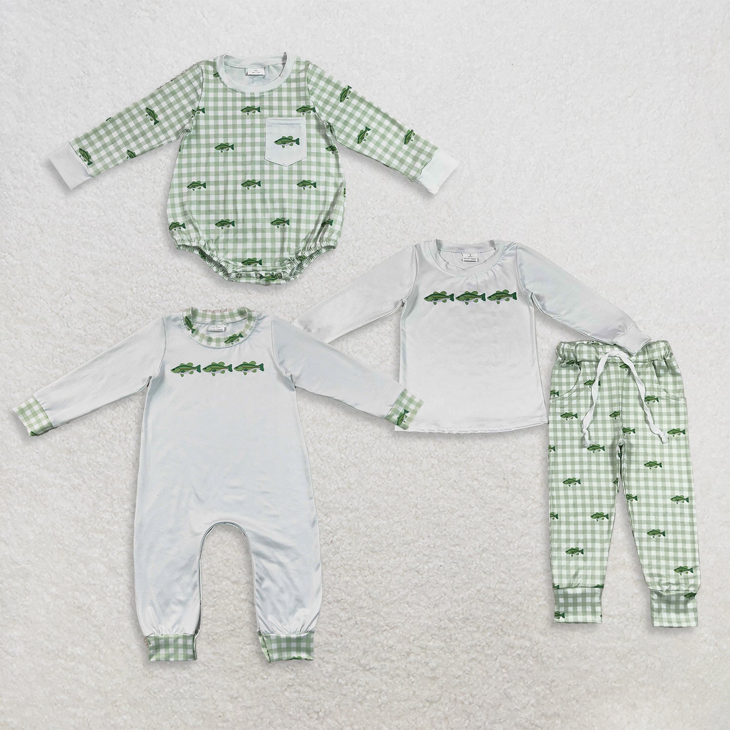 RTS Sibling milk silk Baby Boys Fish Print Long Sleeve Top With Pockets And Jogger Pants Set Rompers