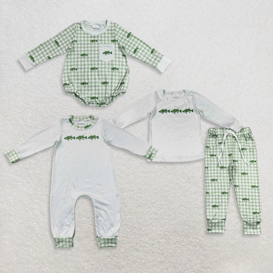 RTS Sibling milk silk Baby Boys Fish Print Long Sleeve Top With Pockets And Jogger Pants Set Rompers