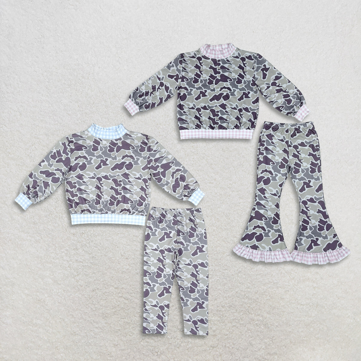 RTS NO MOQ Sibling milk silk High Neck Baby Girls And Boys Grey Camo Print Gingham Trim Long Sleeve Top And Pants Set