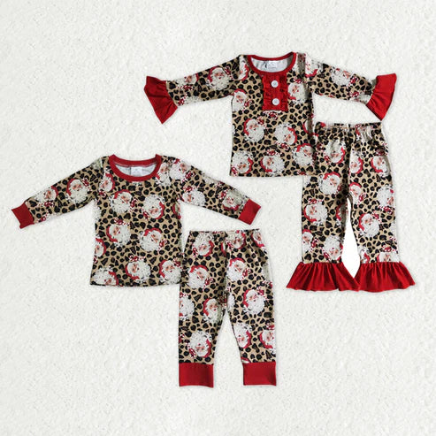 9.18 RTS Sibling Baby Boys Girls Santa Leopard Top Pant Christmas Pajamas Sets