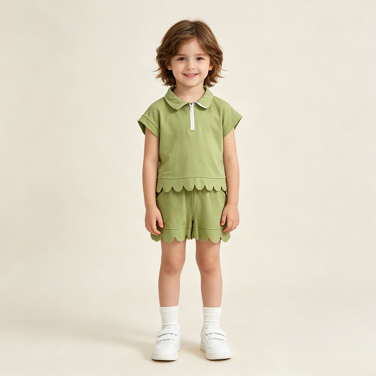 GSSO3375 RTS NO MOQ （In stock ）Green scallop pullover shorts girls summer outfits