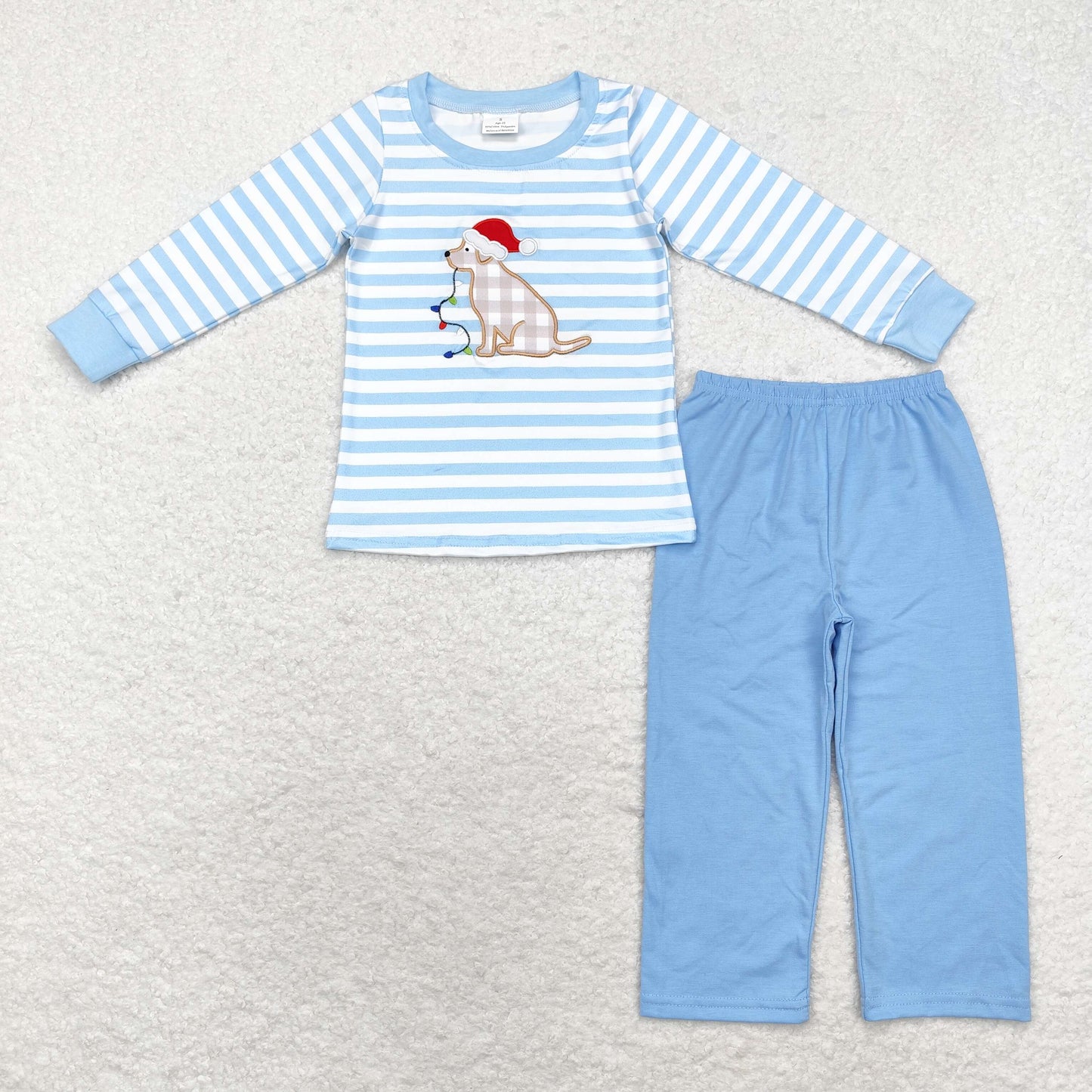 rts no moq BT0791+P0579 Embroidered Christmas hat puppy lights striped blue and white long-sleeved top trousers sets