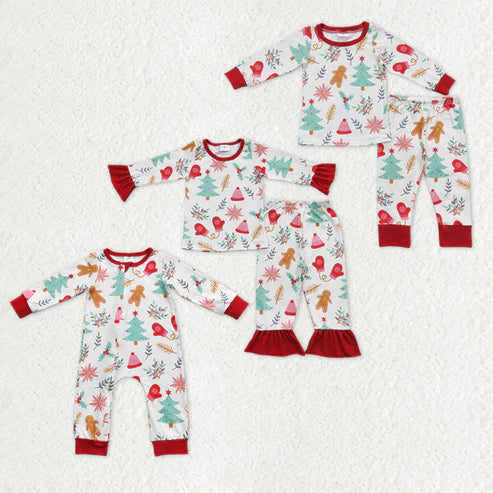 9.16 RTS Sibling Baby Kids Trees Snowflake Top Pants Christmas Pajamas Sets Zipper Footie Rompers