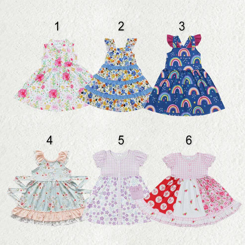 11.4 RST Sibling Baby Girls Flowers Plaid Button Pockets Ruffle Knee Length Dresses