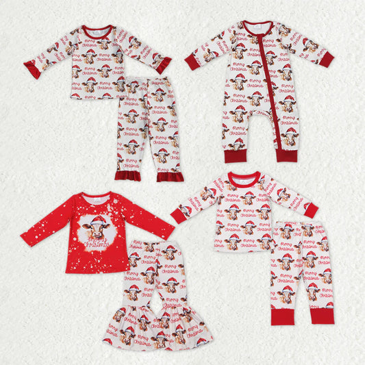 9.18 RTS Sibling Baby Boys Girls Merry Christmas Hats Cows Farm Pant Pajamas Clothes Sets Rompers