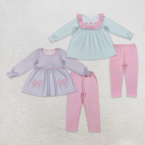 10.10 RTS Sibling Baby Girls Embroidery Bows Stripe Tunic Leggings Pants Clothes Sets