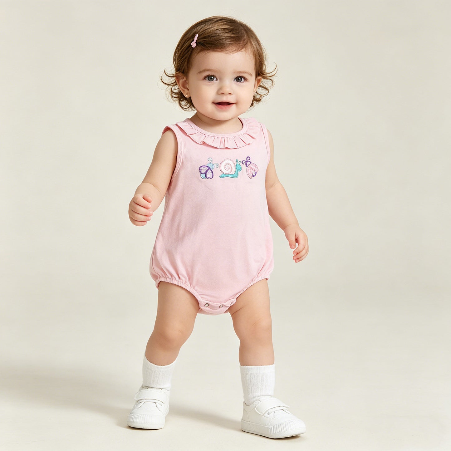 SR4037 RTS NO MOQ （In stock）Ruffle sleeveless bee snails embroidery baby girls romper