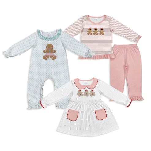 9.19 RTS Sibling Baby Girls Embroidery Gingerbread Christmas Knee Length Dress Footie Rompers Clothes Sets