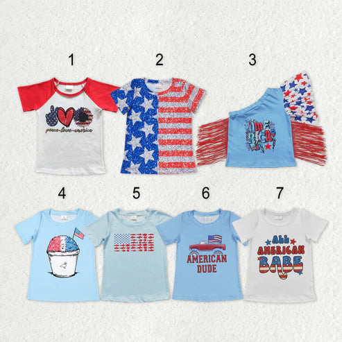 9.26 RTS Sibling Baby Boys Girls Blue Red Stripe Stars 4th of July Tee Shirts Top