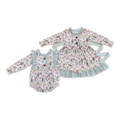 9.26 RTS Sibling Baby Girls Christmas Present Belt Button Ruffle Knee Length Dresses Rompers