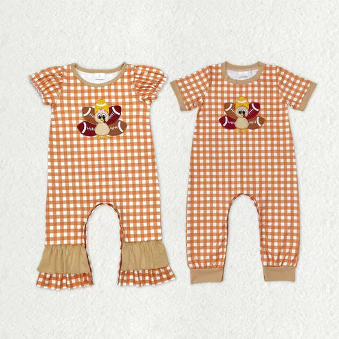 11.1 RTS Sibling Baby Boys Girls Embroidery Turkey Footballs Thanksgiving Footie Rompers