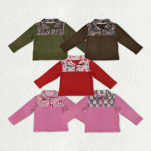 10.16 RTS Sibling Baby Boys Girls Long Sleeve Bows Camo Zipper Pullover Sherpa Tops