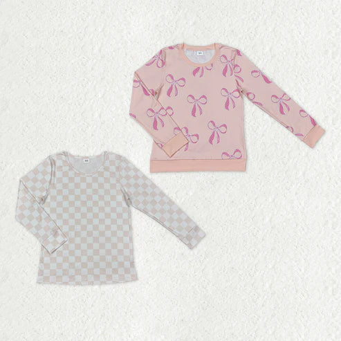 11.5 RTS Sibling Adult Women Long Sleeve Pink Bows Checked T-shirts Sleep Wear