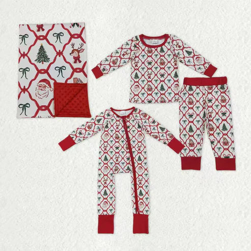 9.22 RTS Sibling Baby Kids Trees Bows Checked Christmas Pajamas Sets Zipper Footie Rompers Blankets