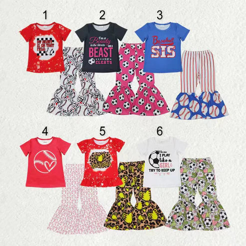 10.13 RTS Sibling Baby Girls Short Sleeve Baseballs Footballs Top Bell Bottom Pants Team Clothes Sets