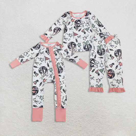 10.23 RTS Sibling Baby Girls Happy New Year Ruffle Pants Pajamas Sets Two Way Zip Convertible Rompers