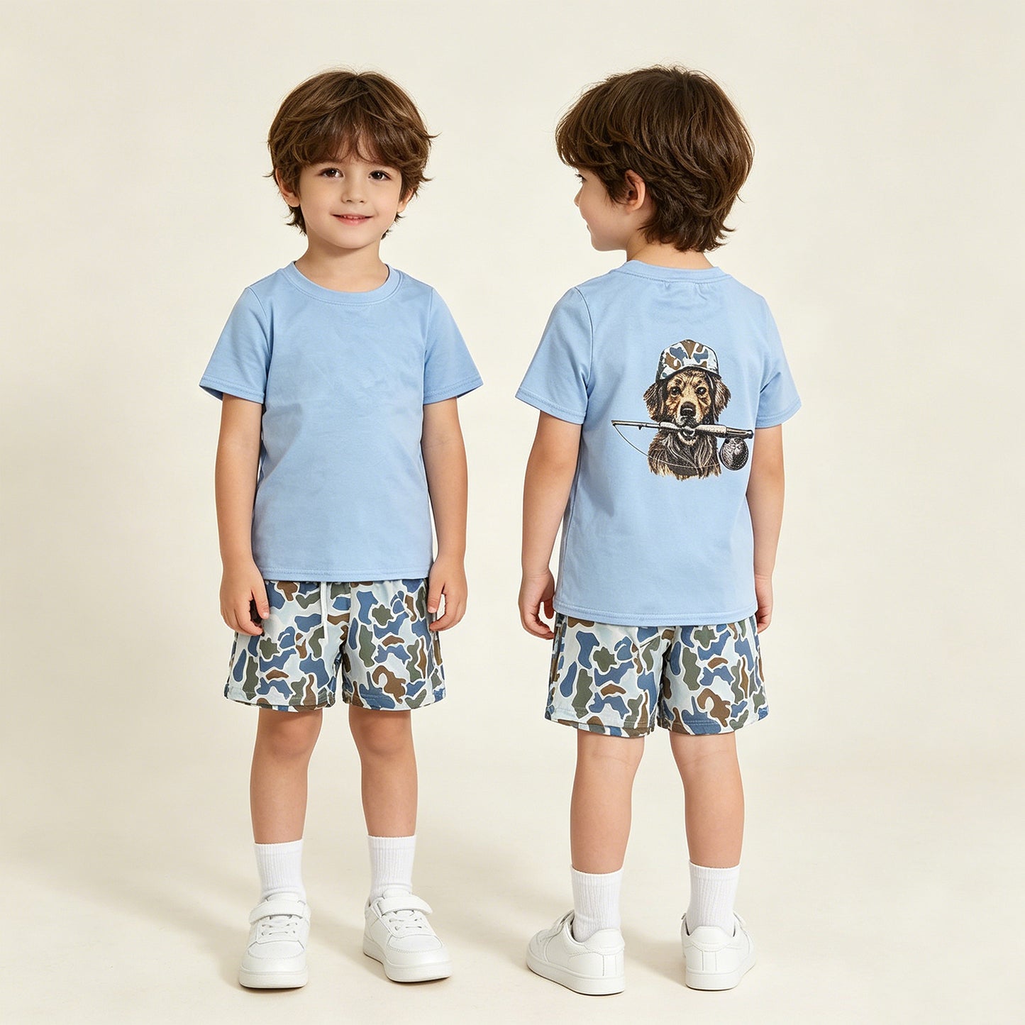 BT1761 RTS NO MOQ （In stock ）Short sleeves light blue camo dog kids boys shirts