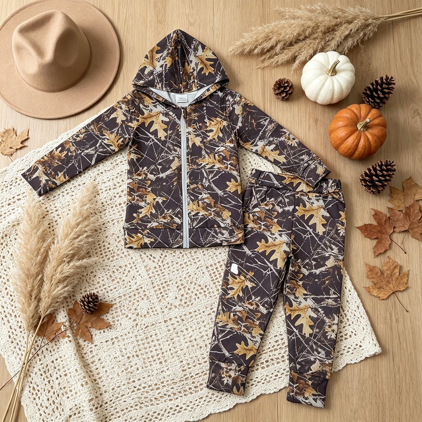 BLP1439 RTS NO MOQ （In stock）milk silk Baby Boys Southern Leaves Camo Pocket Zip Hoodies Jacket Joggers Clothes Sets