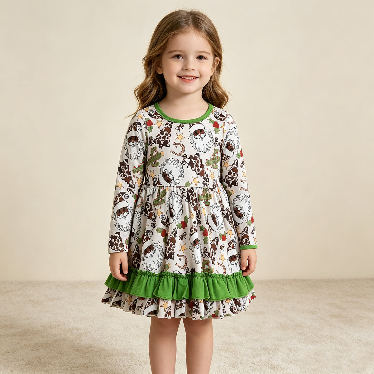 RTS NO MOQ （In stock）milk silk GLD1213 Baby Girls Christmas Western Long Sleeves Santa Cactus Ruffle Knee Length Dresse