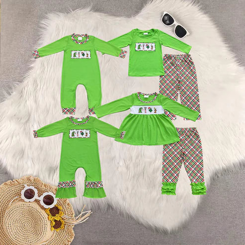 9.19 RTS Sibling Baby Boys Girls Embroidery Green Faces Pants Christmas Clothes Sets Footie Rompers