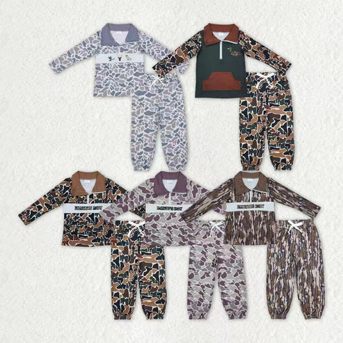 10.14 RTS Sibling Baby Boys Camo Embroidery Mama's Boy Ducks Dogs Zipper Pullover Pockets Jogger Hunting Clothes Set