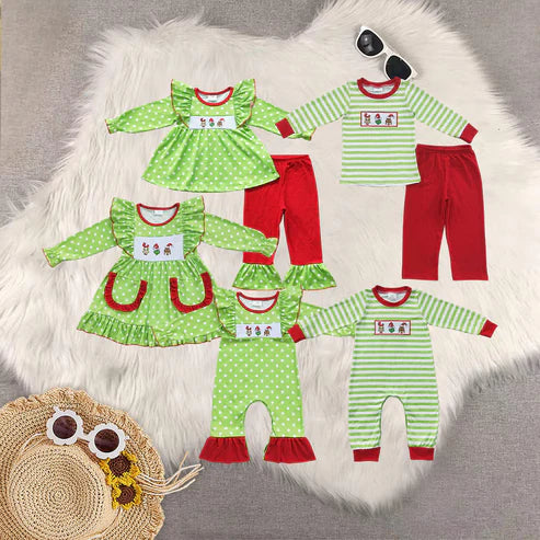 9.19 RTS Sibling Baby Boys Girls Embroidery Green Faces Pants Christmas Clothes Sets Footie Rompers