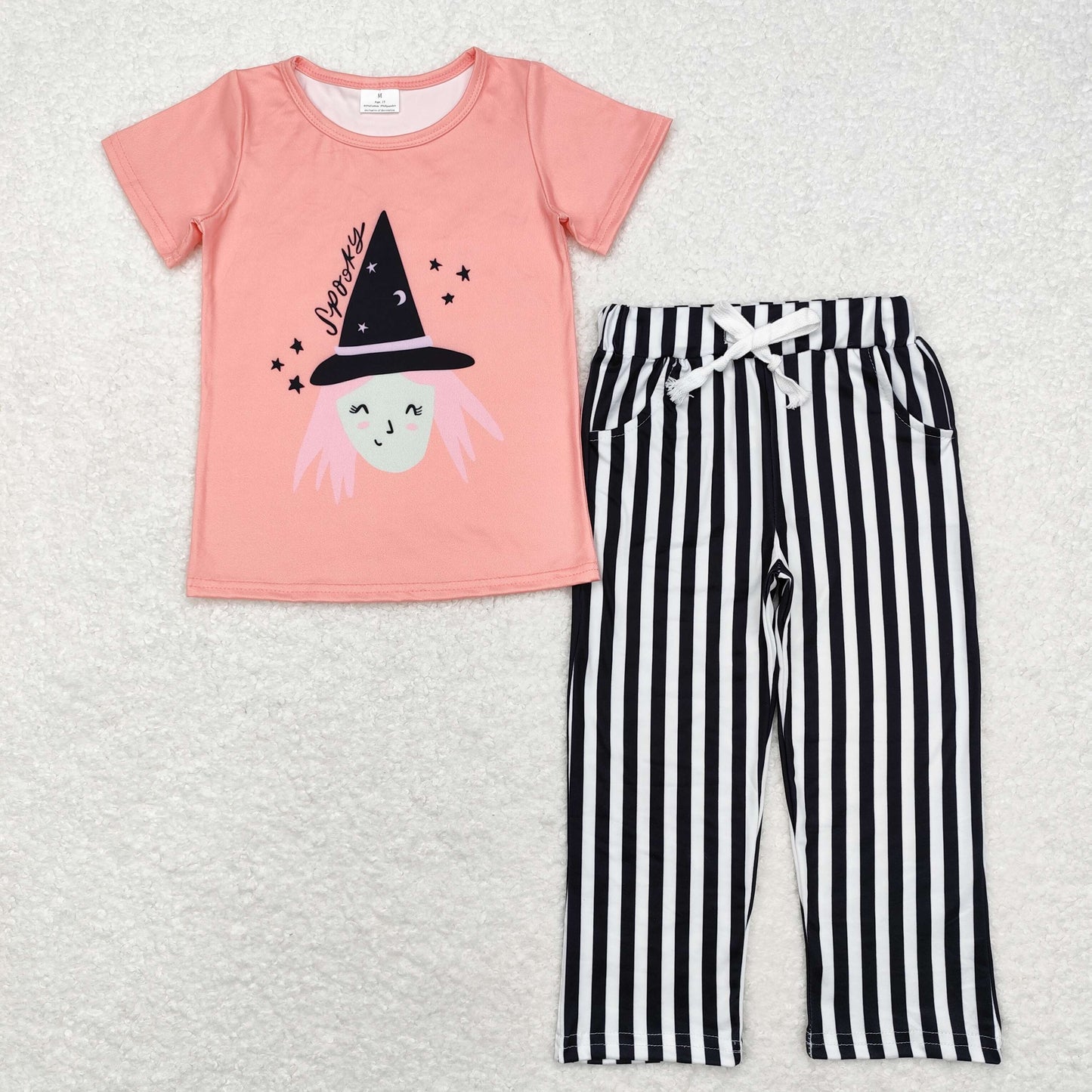 RTS no moq GT0697+P0588 Spooky witch pink and orange short-sleeved top Black and white striped trousers