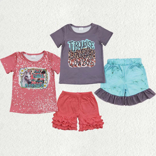 10.14 RTS Sibling Baby Girls Western Horse Cowboy Shirts Ruffle Shorts Clothes Sets