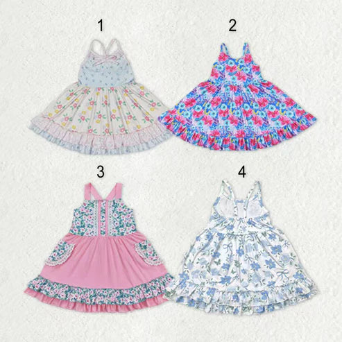 10.29 RST Sibling Baby Girls Strap Flowers Plaid Ruffle Knee Length Dresses