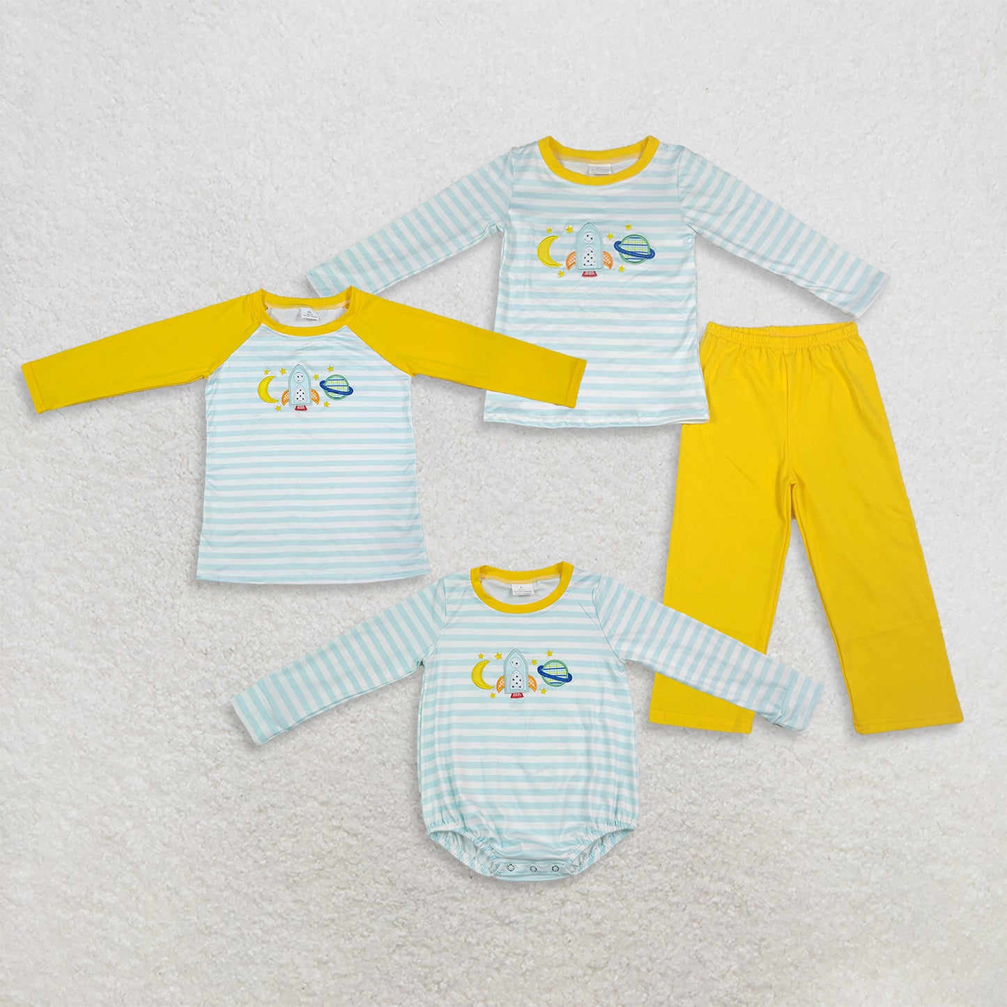 RTS RTS NO MOQ  Sibling Embroidery Moon Baby Boys Long Sleeve Blue Stripe Top Pant Clothes Sets And Romper