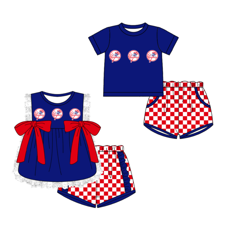 CUSTOM MOQ 5 Cute Comfortable Clothing For Kids Sibling Boys Baby Girls Summer Dark Blue Top Checked Shorts Team Clothes Sets