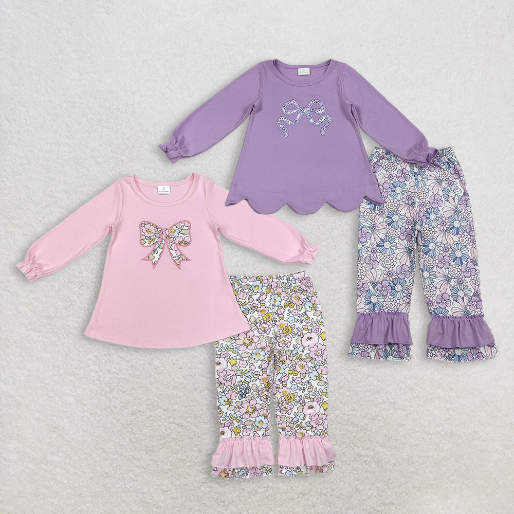 1.15 RTS Sibling Baby Girls Embroidery Floral Bows Tunic Ruffle Pants Clothes Sets