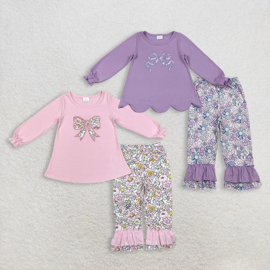 1.15 RTS Sibling Baby Girls Embroidery Floral Bows Tunic Ruffle Pants Clothes Sets