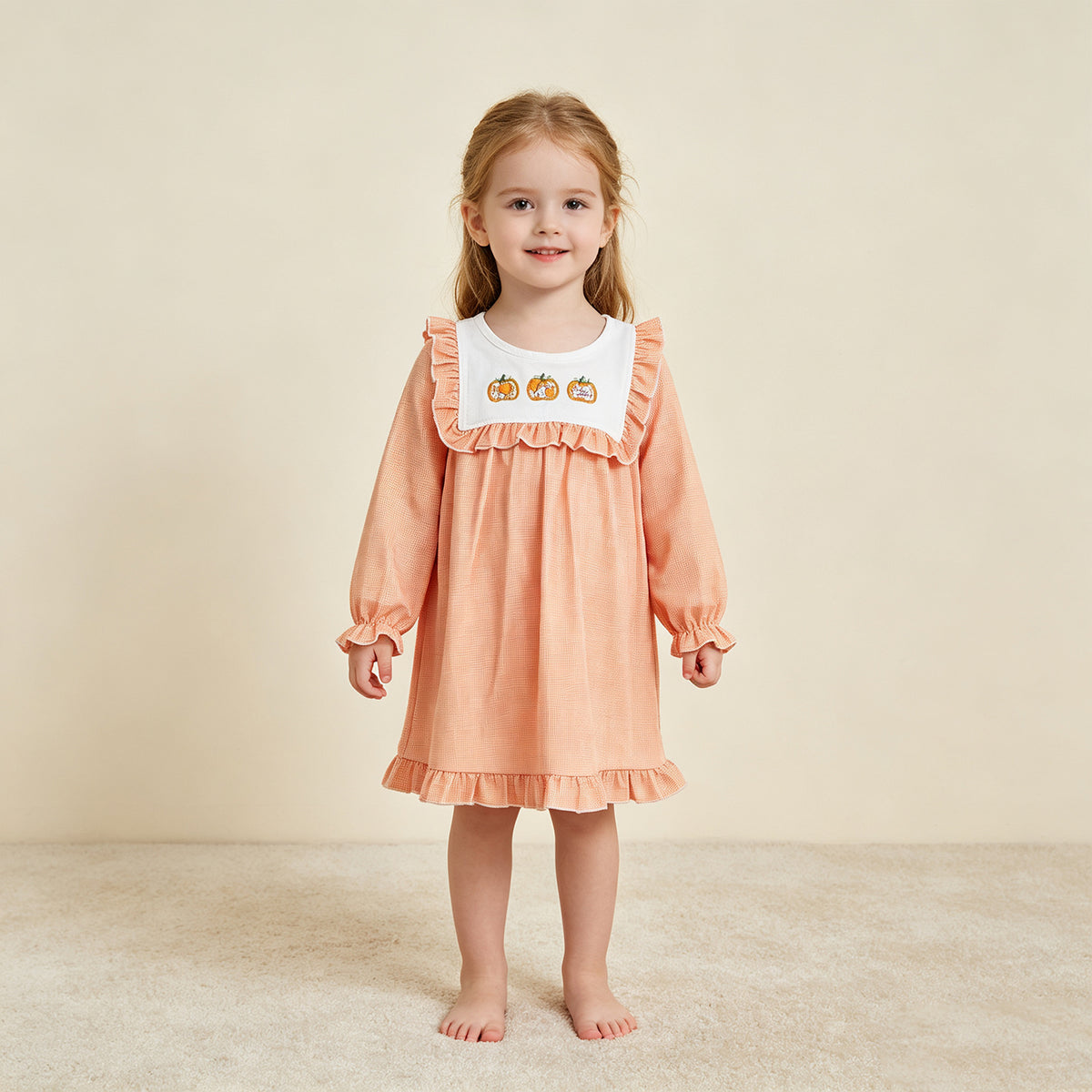 RTS NO MOQ （In stock）milk silk GLD1645 Embroidery Pumpkins Baby Girls Fall Ruffle Knee Length Dresses