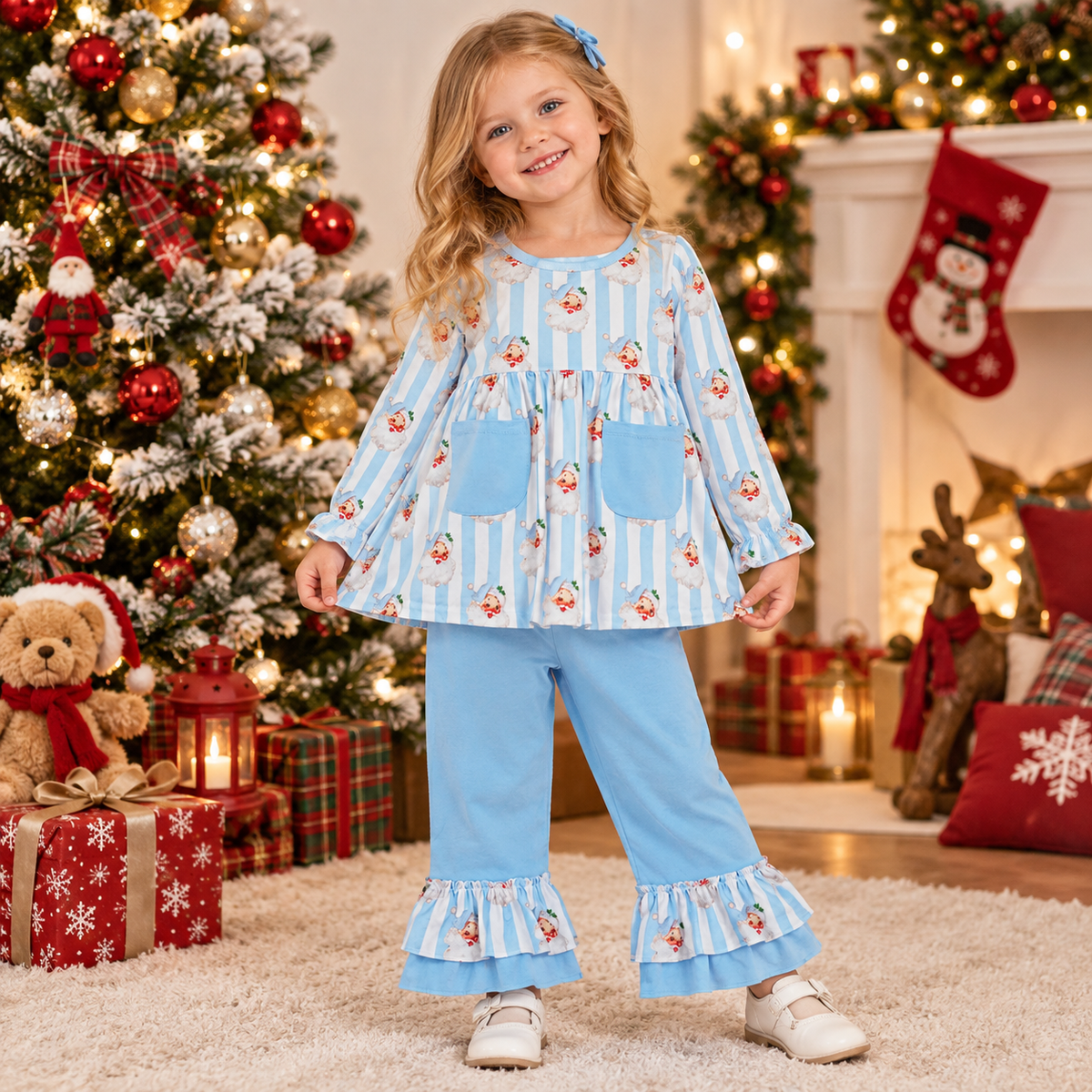 RTS NO MOQ （In stock）milk silk GLP3455 Baby Girls Blue Stripe Santa Pockets Tunic Ruffle Pant Christmas Clothes Set