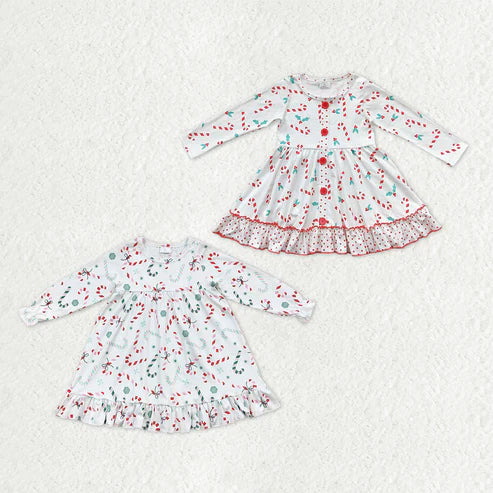 10.30 RST Sibling Baby Girls Holly Candy Cane Plaid Christmas Ruffle Knee Length Dresses