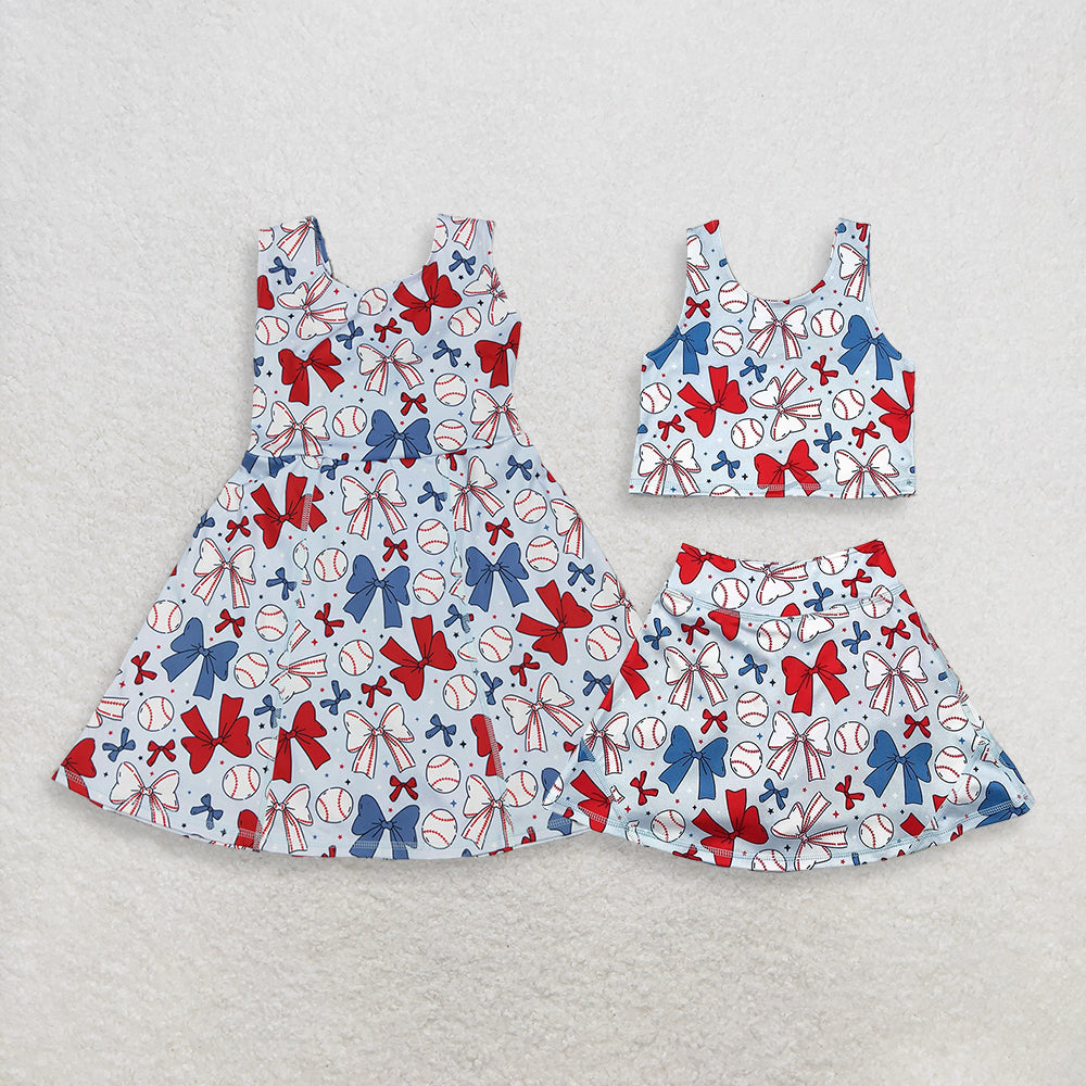4.8 RTS Sibling Sleeveless baseball red blue bow kids girls active wear set and dresses