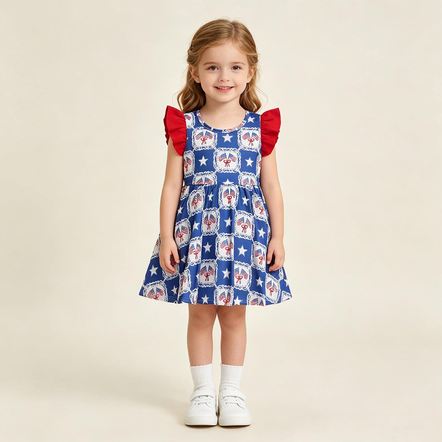 GSD3514 RTS NO MOQ （In stock ）Flutter sleeves flag bow stars girls 4th of july dresses
