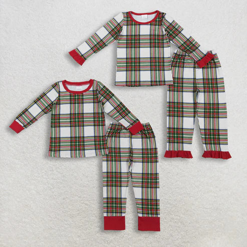 11.5 RTS Sibling Baby Boys Girls Green Red Checked Christmas Pants Pajamas Sets