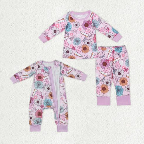 9.19 RTS Sibling Baby Girls Lavender Pink Flowers Boots Top Pants Pajamas Sets Zipper Rompers