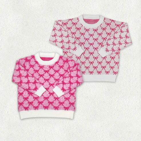 10.15 RTS Sibling Baby Girls Pink Bows Checked Woolen Sweaters