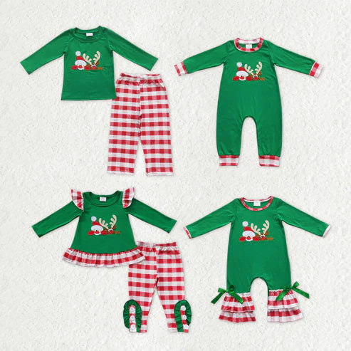 9.19 RTS Sibling Baby Kids Embroidery Santa Deer Green Sleeves Christmas Clothes Sets Footie Rompers