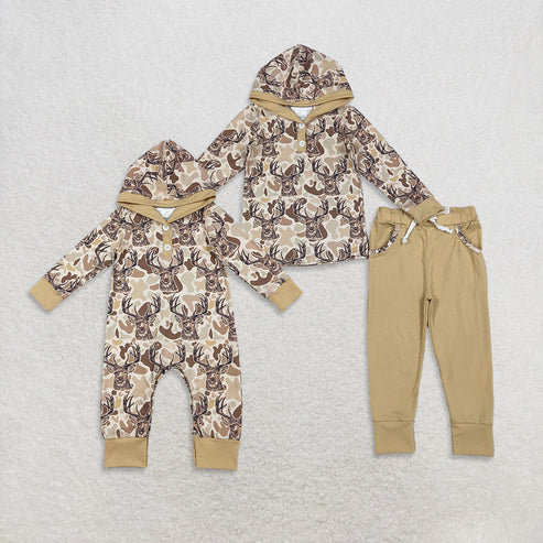 10.10 RTS Sibling Baby Boys Khaki Camo Deer Hoodies Pockets Leggings Hunting Clothes Set Footie Rompers