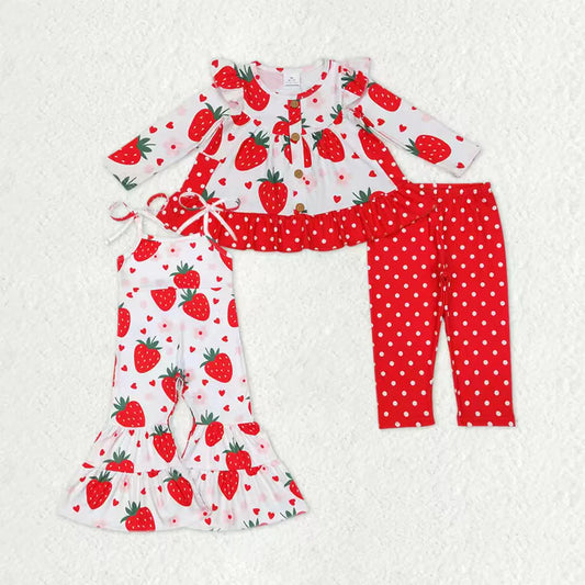 9.17 RTS Sibling Baby Girls Hearts Strawberry Button Pockets Tunic Polka Dots Leggings Bell Bottom Jumpsuits