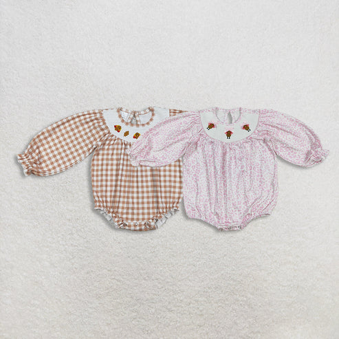 10.27 RTS Sibling Smocked Baby Girls Thanksgiving Turkey Bows Ruffle Rompers Dresses