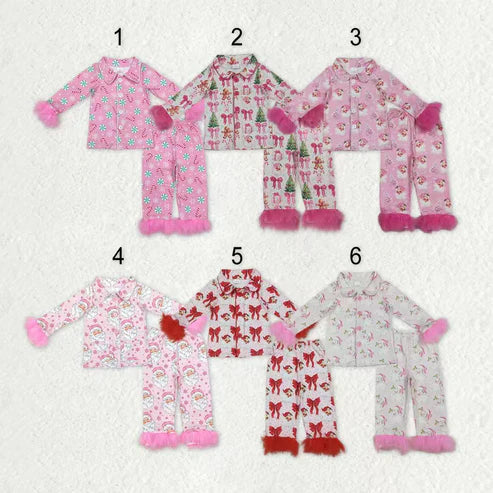 9.27 RTS Sister Christmas Bows Santa Buttons Top Pants Fur Pajamas Clothes Sets