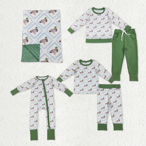 9.22 RTS Sibling Boys Green Ducks Checked Pajamas Clothes Sets Zipper Rompers Blankets