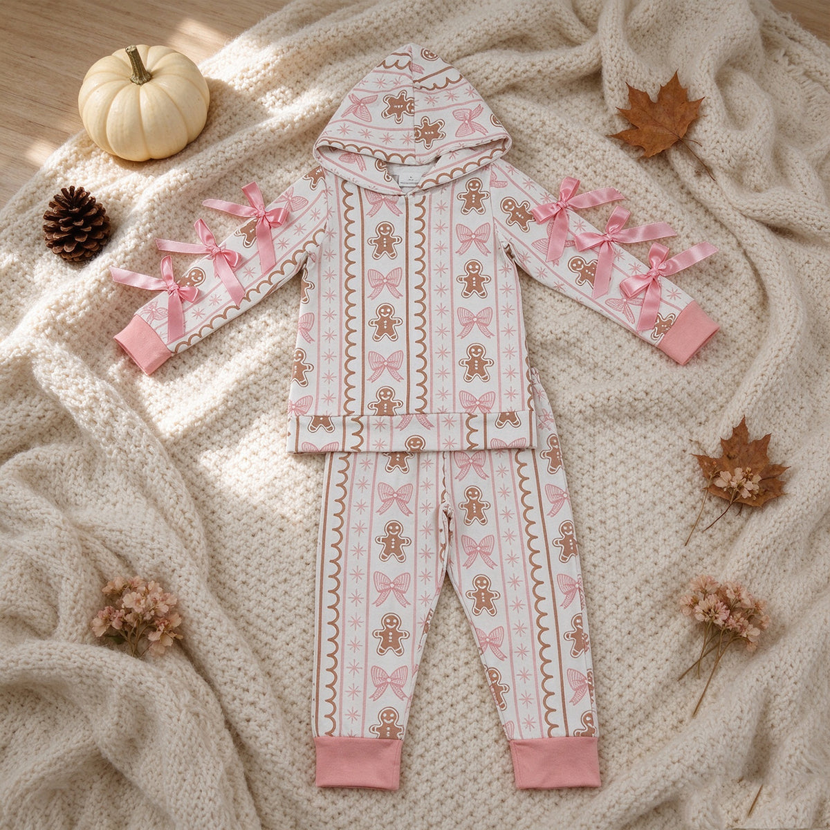 RTS NO MOQ milk silk GLP3614 Baby Girls Bows Gingerbread Hoodie Pockets Jogger Christmas Clothes Set